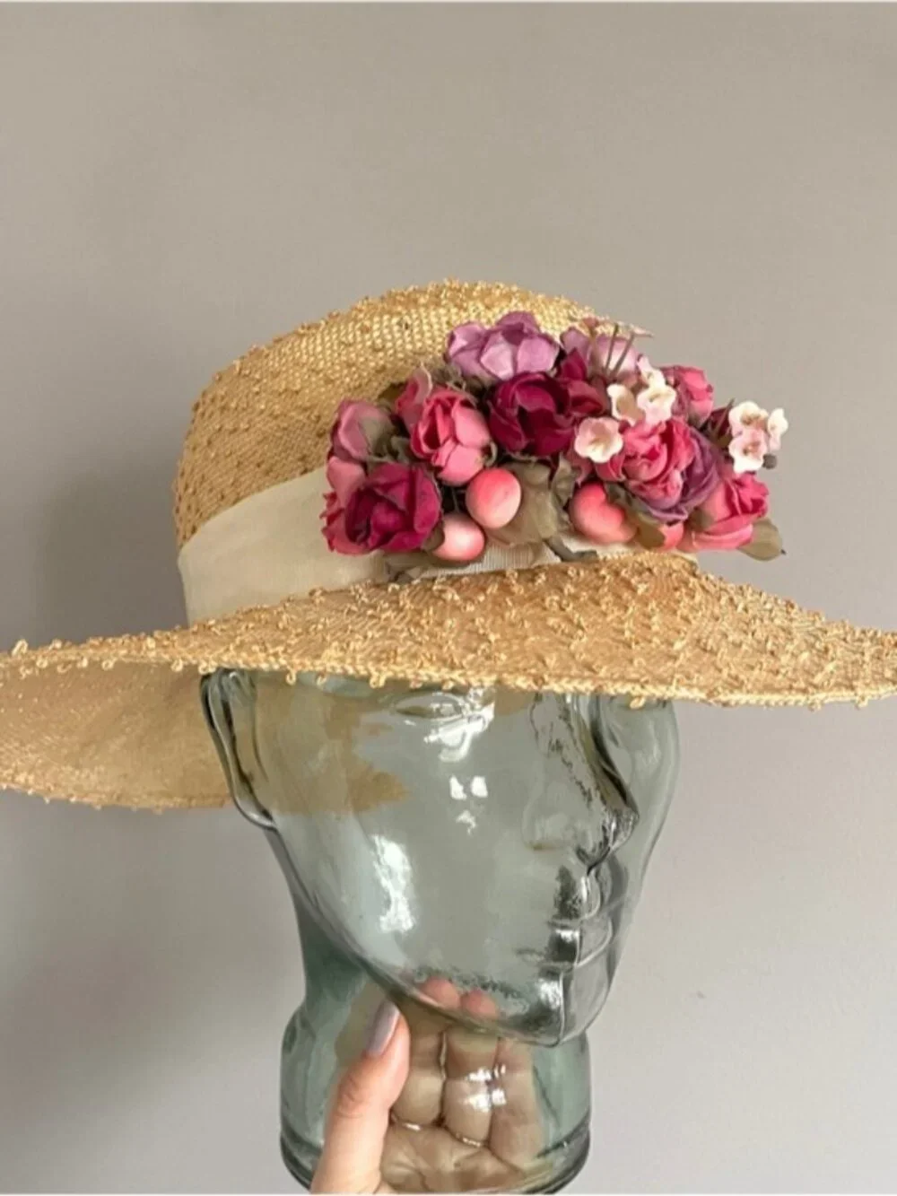 Vintage Straw Boater Hat w/ Flowers - made by Vicki Sather 🇨🇦 - Picture 5 of 10